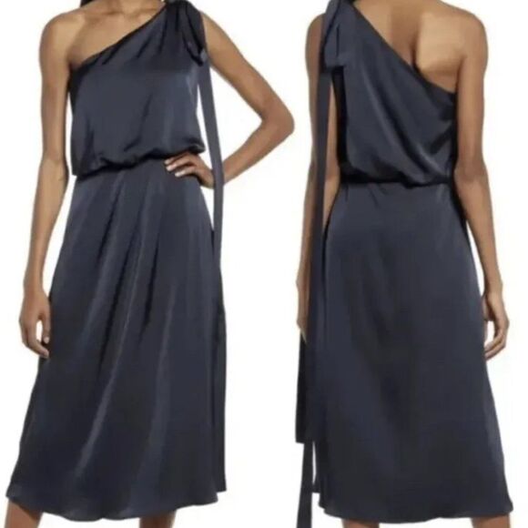 Amy Lynn Navy Blue One Shoulder Tie  Satin Evening Midi Dress Size Medium - Picture 3 of 11